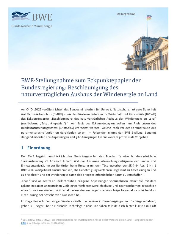 BWE Stellungnahme Eckpunktepapier Artenschutz und Windenergie der Bundesregierung (04/2022)
