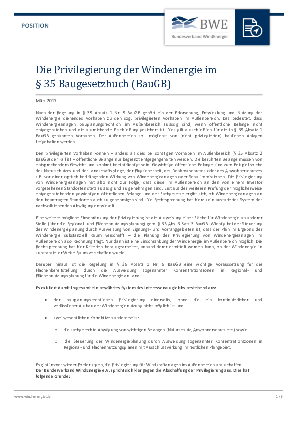 BWE-Positionspapier: Privilegierung der Windenergie im Baugesetzbuch (03/2019) BWE-Positionspapier: Privilegierung der Windenergie im Baugesetzbuch (03/2019)