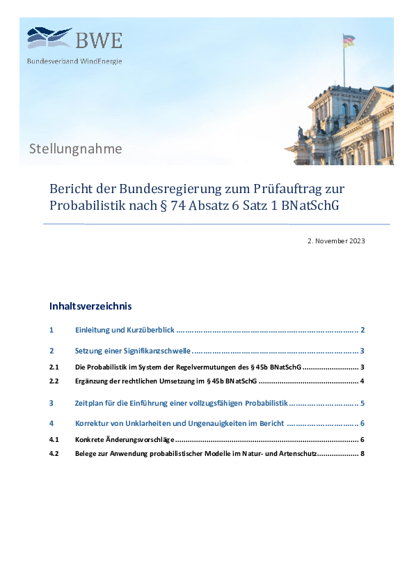 BWE-Stellungnahme: Bericht der Bundesregierung zum Prüfauftrag zur Probabilistik (11/2023) BWE-Stellungnahme: Bericht der Bundesregierung zum Prüfauftrag zur Probabilistik (11/2023)