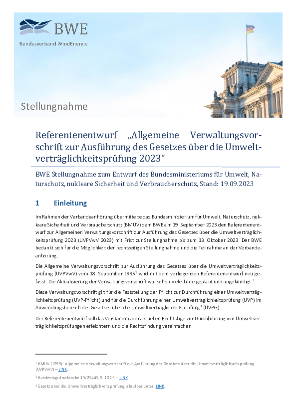 BWE-Stellungnahme zum Entwurf einer UVPVwV des BMUV (10/2023) BWE-Stellungnahme zum Entwurf einer UVPVwV des BMUV (10/2023)