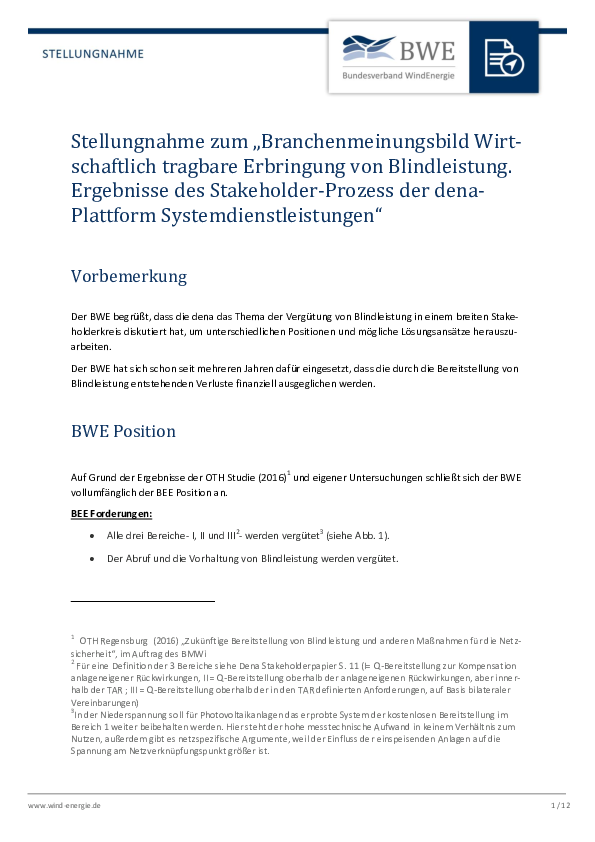 BWE-Stellungnahme zu Blindleistung (Stand 03/2017) BWE-Stellungnahme zu Blindleistung (Stand 03/2017)