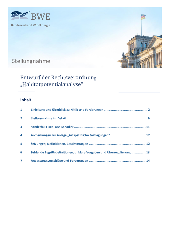 BWE-Stellungnahme: Zum Entwurf der Rechtsverordnung "Habitatpotentialanalyse" (01/2024) BWE-Stellungnahme: Zum Entwurf der Rechtsverordnung "Habitatpotentialanalyse" (01/2024)