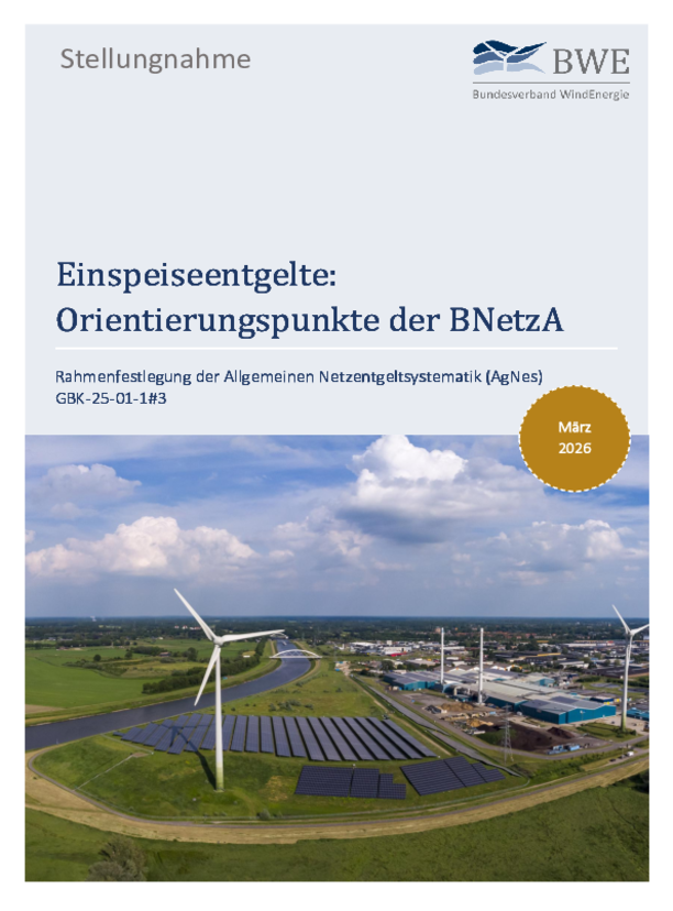 Stellungnahme: Einspeiseentgelte: Orientierungspunkte der BNetzA