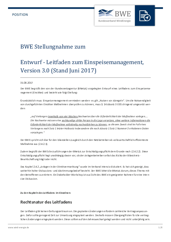 BWE-Stellungnahme zum Einspeisemanagement (Stand 07/2017) BWE-Stellungnahme zum Einspeisemanagement (Stand 07/2017)