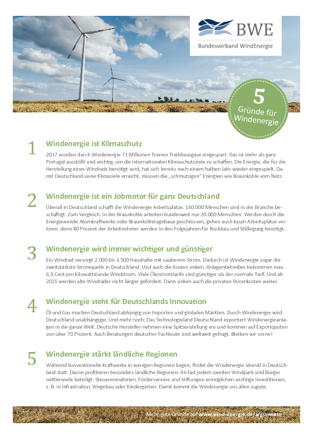 Medienpapier "5 Gründe für Windenergie" Medienpapier "5 Gründe für Windenergie"