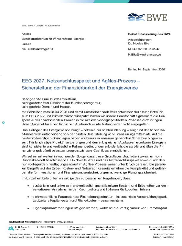 Gemeinsamer Brief der Banken des BWE-Finanziererbeirates: EEG 2027, Netzanschlusspaket und AgNes-Prozess