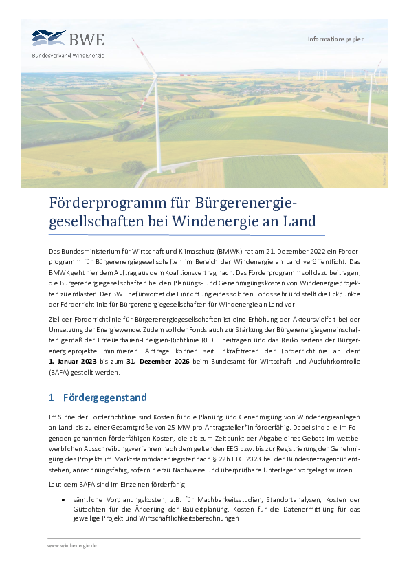 BWE-Informationspapier: Förderprogramm für Bürgerenergiegesellschaften bei Windenergie an Land (01/2023) BWE-Informationspapier: Förderprogramm für Bürgerenergiegesellschaften bei Windenergie an Land (01/2023)