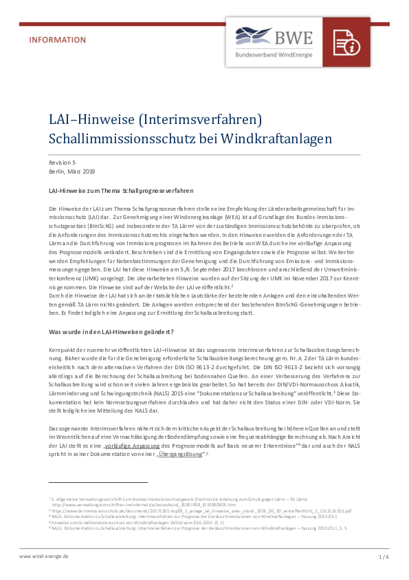 BWE-Infopapier: LAI-Hinweise Schallimmissionen bei Windkraftanlagen (03/2019) BWE-Infopapier: LAI-Hinweise Schallimmissionen bei Windkraftanlagen (03/2019)