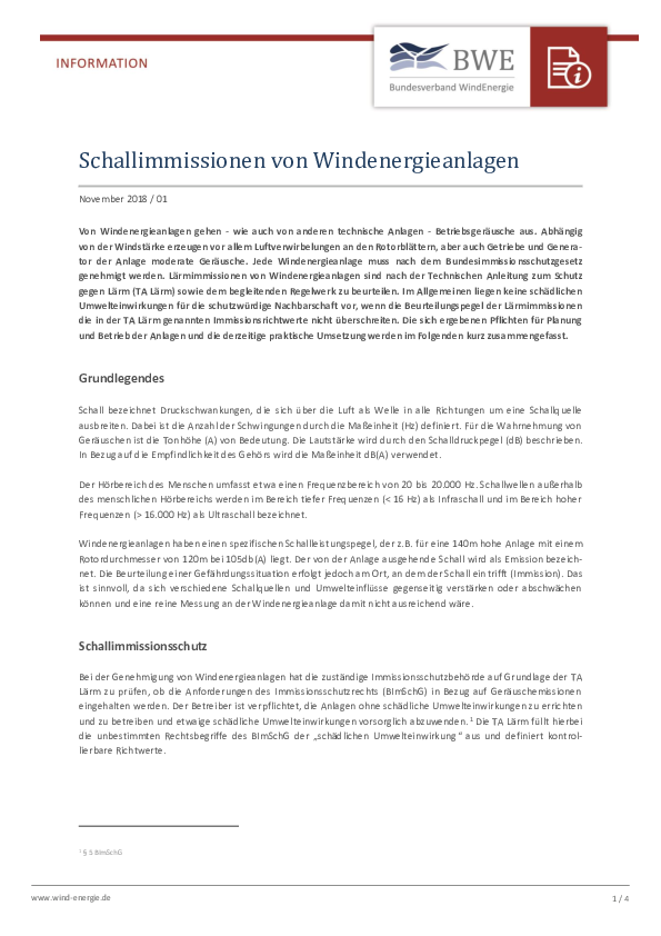 BWE-Infopapier: Schall aus Windenergieanlagen (11/2018) BWE-Infopapier: Schall aus Windenergieanlagen (11/2018)