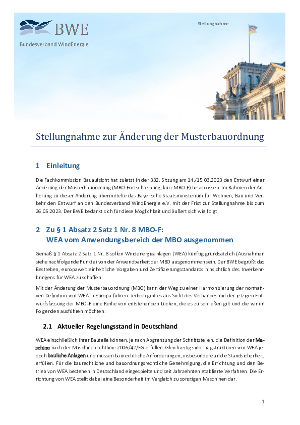 BWE-Stellungnahme zur Änderung der Musterbauordnung (05/2023) BWE-Stellungnahme zur Änderung der Musterbauordnung (05/2023)