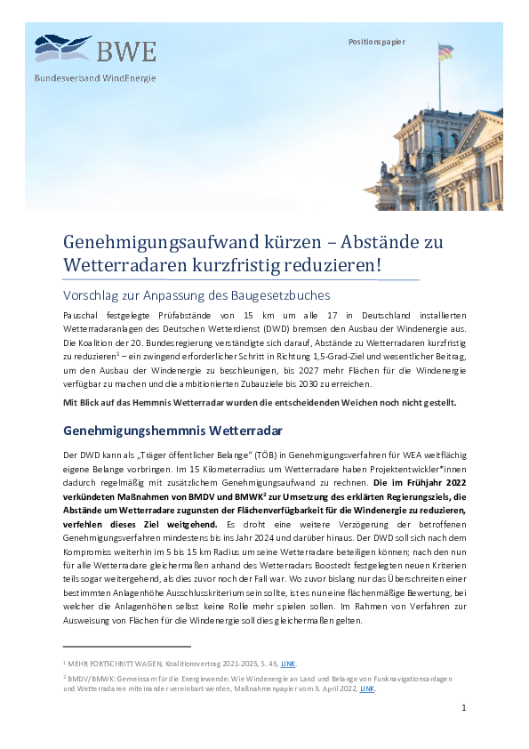 BWE-Positionspapier: Genehmigungsaufwand kürzen - Abstände zu Wetterradaren kurzfristig reduzieren (11/2022)