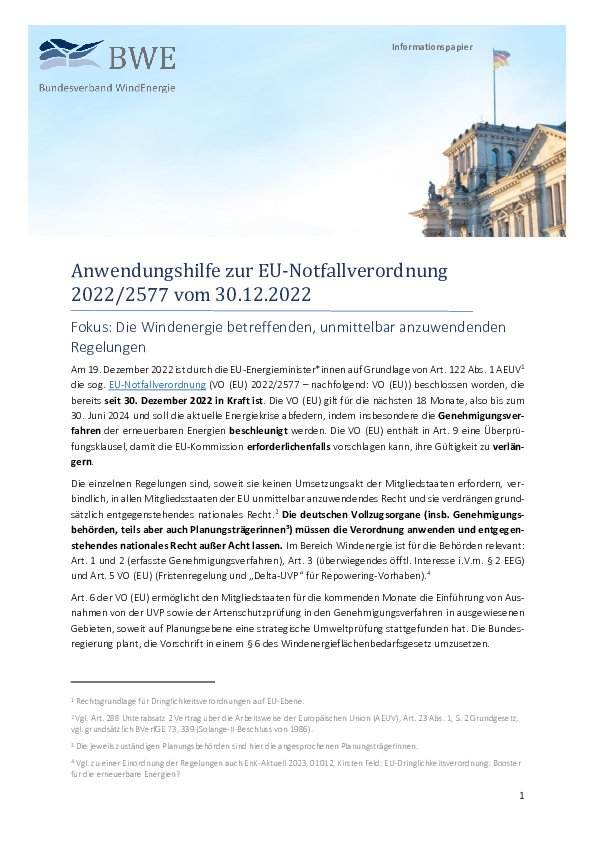 BWE-Informationspapier: Anwendungshilfe zur EU-Notfallverordnung (02/2023) BWE-Informationspapier: Anwendungshilfe zur EU-Notfallverordnung (02/2023)