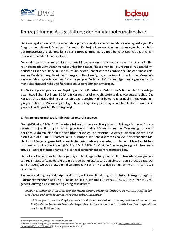 Konzeptpapier von BDEW und BWE für Ausgestaltung der Habitatpotenzialanalyse (03/2023) Konzeptpapier von BDEW und BWE für Ausgestaltung der Habitatpotenzialanalyse (03/2023)