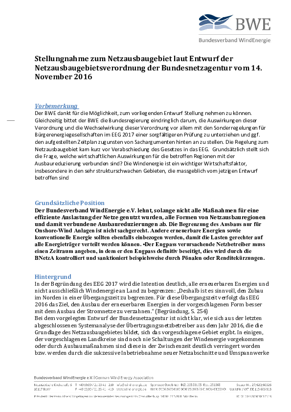 BWE-Stellungnahme zum Netzausbaugebiet (Stand: 12/2016) BWE-Stellungnahme zum Netzausbaugebiet (Stand: 12/2016)