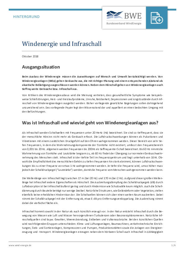 BWE-Hintergrundpapier: Windenergie und Infraschall (10/2018) BWE-Hintergrundpapier: Windenergie und Infraschall (10/2018)