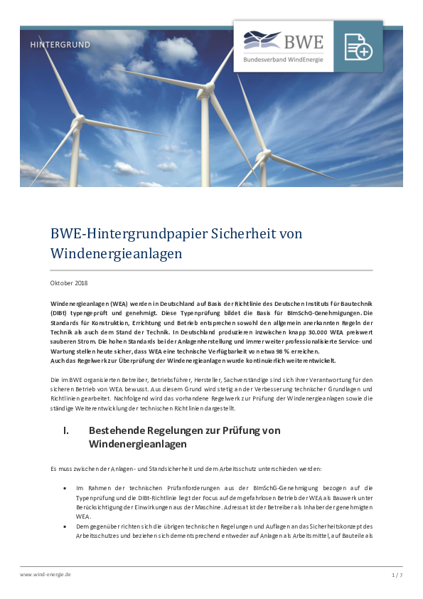 BWE-Hintergrundpapier Sicherheit von Windenergieanlagen BWE-Hintergrundpapier Sicherheit von Windenergieanlagen