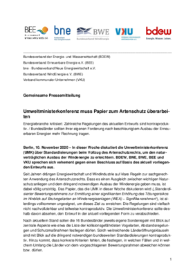 201110_Gemeinsame-PM_UMK-Artenschutz Gemeinsame Pressemitteilung von BDEW, BNE, BWE, BEE und VKU zum Papier der Umweltministerkonferenz