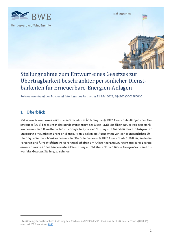 BWE-Stellungnahme: BMJ-Entwurf Übertragung Dienstbarkeiten (07/2023) BWE-Stellungnahme: BMJ-Entwurf Übertragung Dienstbarkeiten (07/2023)