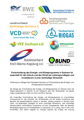 Verbändeerklärung zur Absage des Freistaates Sachsen zur Fortschreibung des Energie- und Klimaprogramms Verbändeerklärung zur Absage des Freistaates Sachsen zur Fortschreibung des Energie- und Klimaprogramms