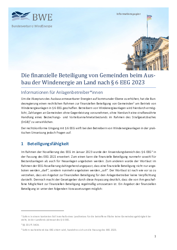 BWE-Informationspapier: Kommunale Beteiligung von Gemeinden (08/2023) BWE-Informationspapier: Kommunale Beteiligung von Gemeinden (08/2023)