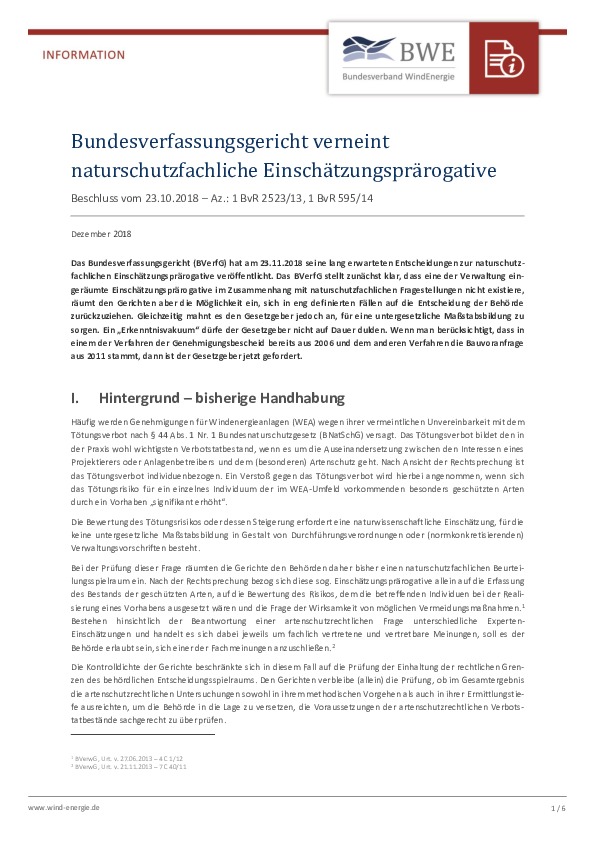 BWE-Infopapier: BVerfG zur Einschätzungsprärogative (12/2018) BWE-Infopapier: BVerfG zur Einschätzungsprärogative (12/2018)