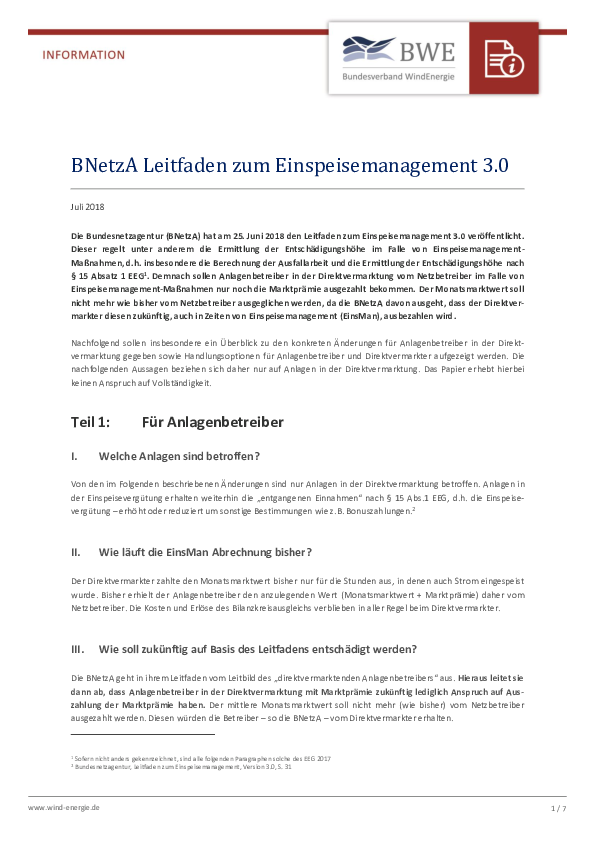 BWE-Infopapier: BNetzA-Leitfaden zum Einspeisemanagement (07/2018) BWE-Infopapier: BNetzA-Leitfaden zum Einspeisemanagement (07/2018)
