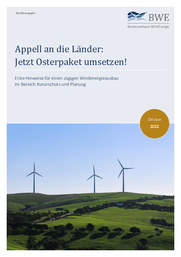 BWE-Positonspapier: Appell an die Länder - Jetzt Osterpaket umsetzen (10/2022)