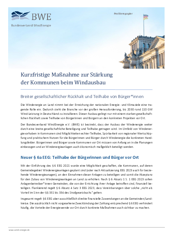 BWE-Positionspapier: Kurzfristige Maßnahmen zur Stärkung der Kommunen beim Windausbau (01/2023) BWE-Positionspapier: Kurzfristige Maßnahmen zur Stärkung der Kommunen beim Windausbau (01/2023)