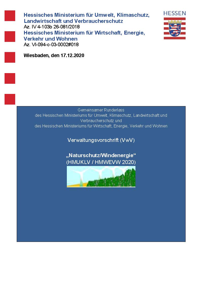 Cover Verwaltungsvorschrift Naturschutz/Windenergie 2020 Cover Verwaltungsvorschrift Naturschutz/Windenergie 2020